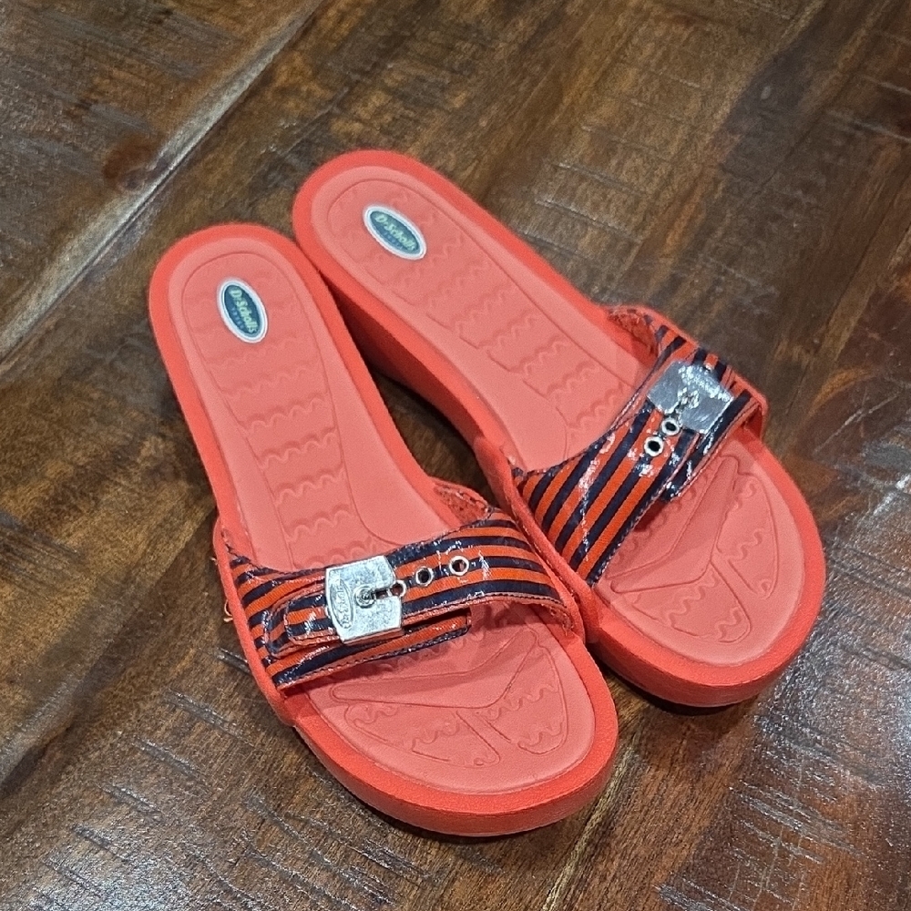 Orange And Navy Soft Dr. Scholls Slide Sandals with Silver Buckle